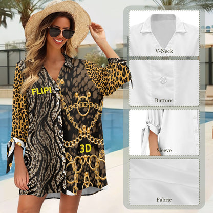 Camisa Informal 3/4 con Botones para Mujer | Estampado Leopardo y Cadenas de Oro | Alta Calidad - **FLIPI FULL 3D** MODA 2025 | Envío Gratis **FLIPISHOP.COM**