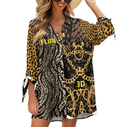 Camisa Informal 3/4 con Botones para Mujer | Estampado Leopardo y Cadenas de Oro | Alta Calidad - **FLIPI FULL 3D** MODA 2025 | Envío Gratis **FLIPISHOP.COM**