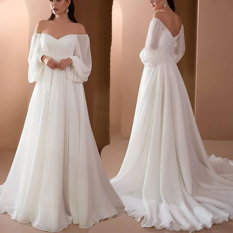 Vestidos blancos de manga larga abullonada para mujer Atuendo de fiesta de noche 2023 Moda de otoño Vestido sin tirantes sin espalda hasta el suelo