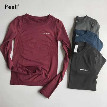 Camisetas de yoga de manga larga Peeli, camisetas deportivas, camisetas de yoga para fitness, camisetas deportivas para gimnasio para mujer, camisetas para correr para mujer