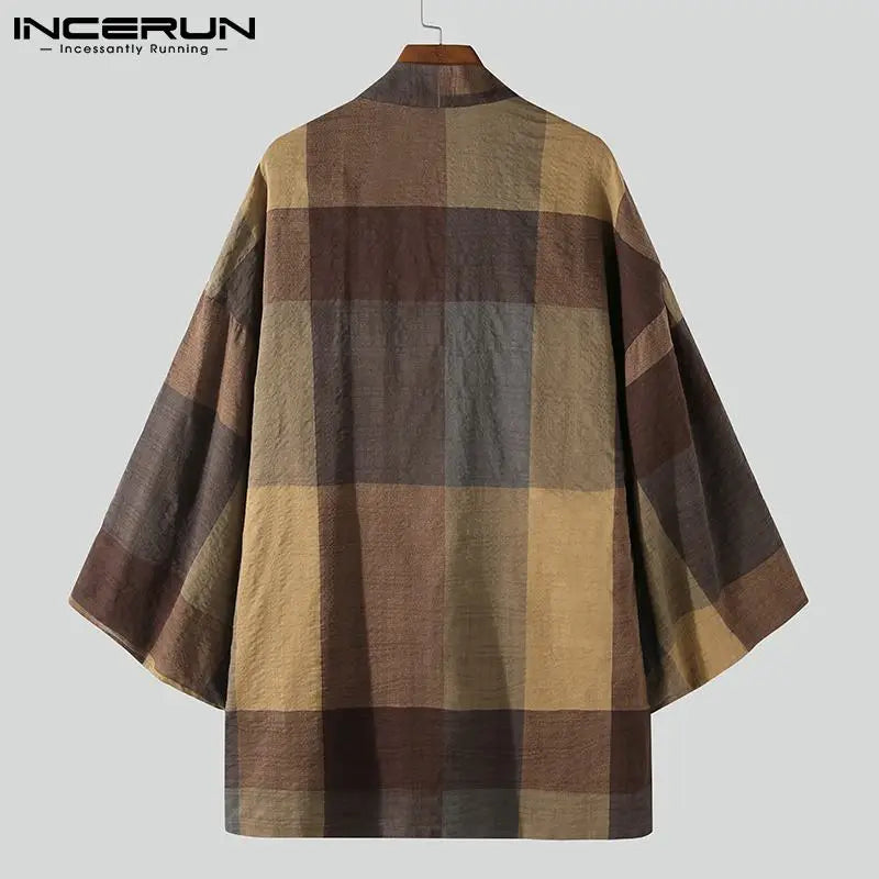 Gabardina A Cuadros Vintage Manga Larga Punto Abierto Cárdigan Casual Kimono Hombre Streetwear Otoño 2024 Abrigos Masculinos Sueltos 5XL