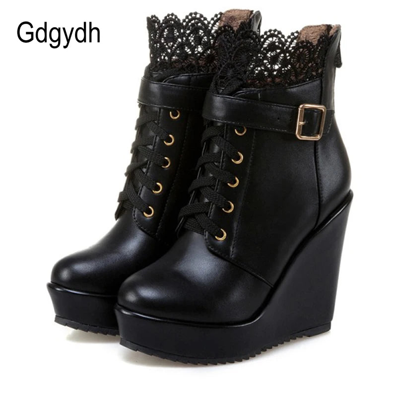 Botines de Plataforma con Cuña y Encaje Negro para Mujer | Zapatos de Novia y Boda | Botas Góticas Punk | Envío Gratis | **FLIPISHOP.COM**