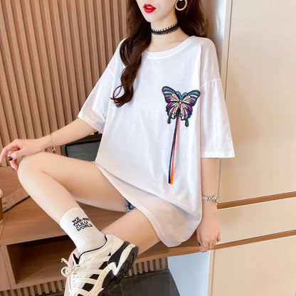 Camisetas gráficas bordado damas más blusas de manga corta larga moda coreana ropa estética camisetas nuevas