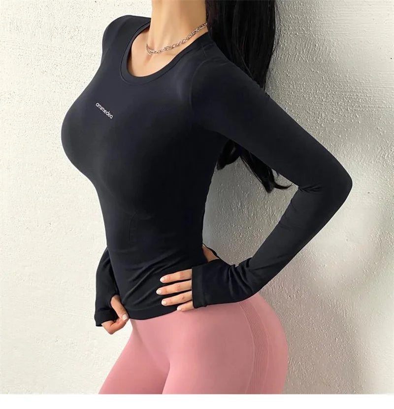 Camisa de manga larga Sexy Girl Sports Gym Top Running T-Shirt Invierno Otoño Fitness Sportswear