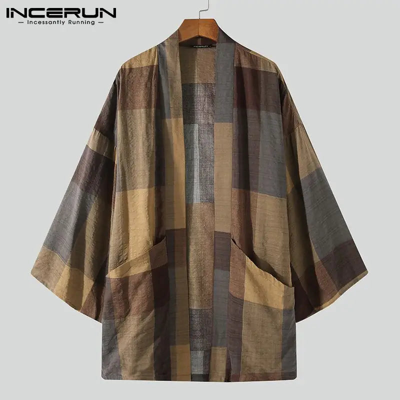 Gabardina A Cuadros Vintage Manga Larga Punto Abierto Cárdigan Casual Kimono Hombre Streetwear Otoño 2024 Abrigos Masculinos Sueltos 5XL