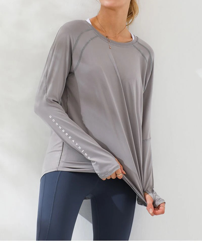 Camiseta deportiva de manga larga para mujer, blusa holgada para gimnasio, camisetas de entrenamiento de talla grande, camisetas de yoga, chaqueta, ropa de ejercicio