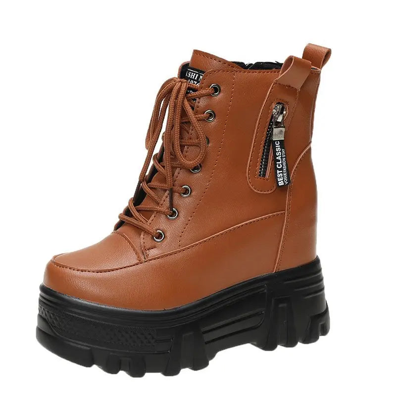 Botines de plataforma 2024 para mujer, zapatillas gruesas de invierno, zapatos casuales vulcanizados, botas cortas de cuero de caña alta de 10 cm para mujer, Envío 0.00 $.