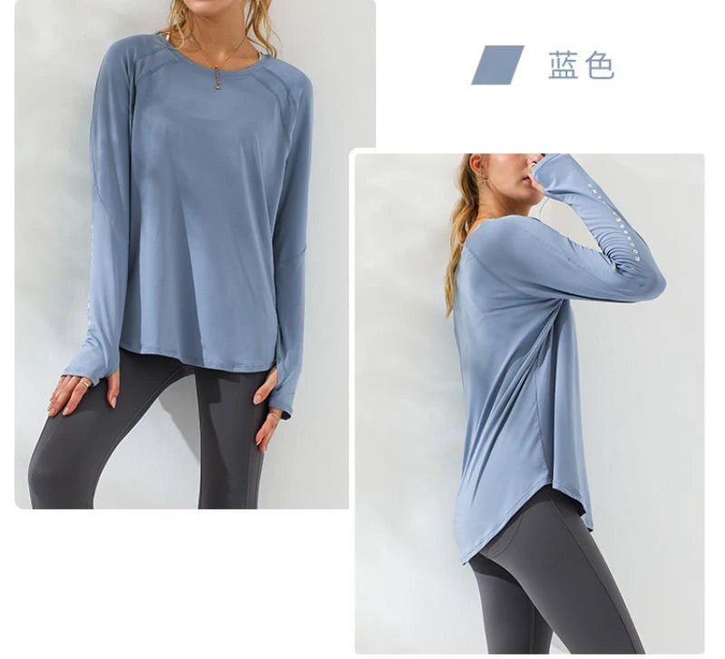 Camiseta deportiva de manga larga para mujer, blusa holgada para gimnasio, camisetas de entrenamiento de talla grande, camisetas de yoga, chaqueta, ropa de ejercicio