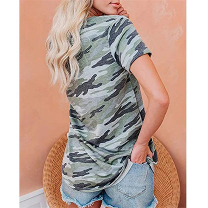 Camisetas de manga corta con estampado de camuflaje para mujer, camisetas deportivas holgadas informales de verano, camiseta de cuello en V a la moda, camiseta de calle para mujer, top tipo pulóver 2XL