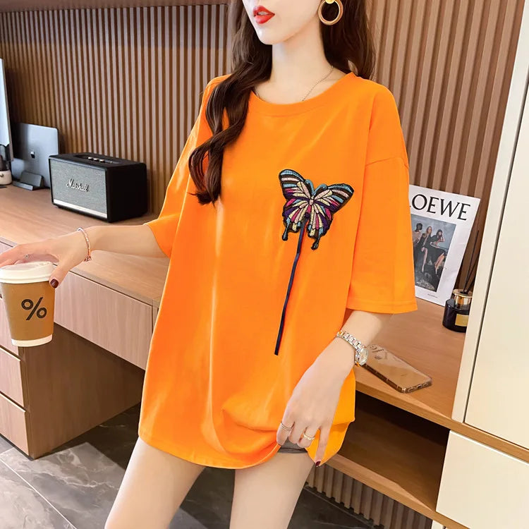 Camisetas gráficas bordado damas más blusas de manga corta larga moda coreana ropa estética camisetas nuevas