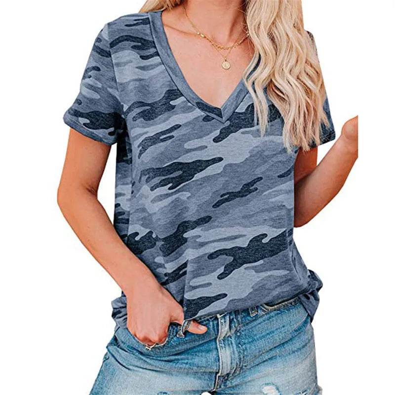 Camisetas de manga corta con estampado de camuflaje para mujer, camisetas deportivas holgadas informales de verano, camiseta de cuello en V a la moda, camiseta de calle para mujer, top tipo pulóver 2XL