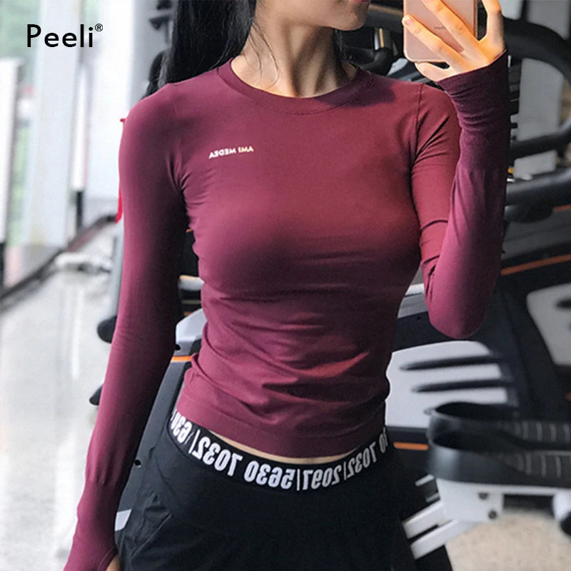 Camisetas de yoga de manga larga Peeli, camisetas deportivas, camisetas de yoga para fitness, camisetas deportivas para gimnasio para mujer, camisetas para correr para mujer