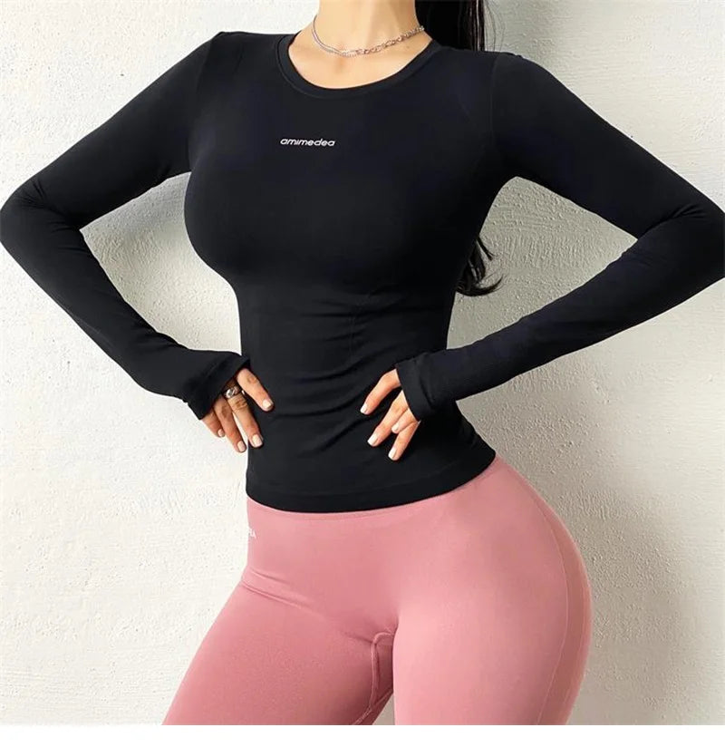 Camisa de manga larga Sexy Girl Sports Gym Top Running T-Shirt Invierno Otoño Fitness Sportswear