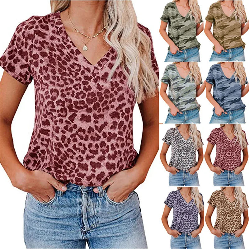 Camisetas de manga corta con estampado de camuflaje para mujer, camisetas deportivas holgadas informales de verano, camiseta de cuello en V a la moda, camiseta de calle para mujer, top tipo pulóver 2XL