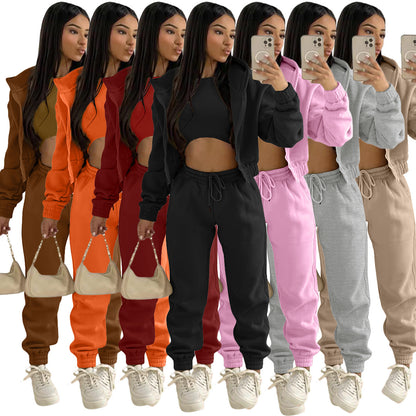 Conjunto 3 PIEZAS de mujer Otoño Moda-2024-Color sólido Simple Capucha Manga larga Cremallera Suéter Pantalones casuales deportivos Traje de tres piezas en la cintura