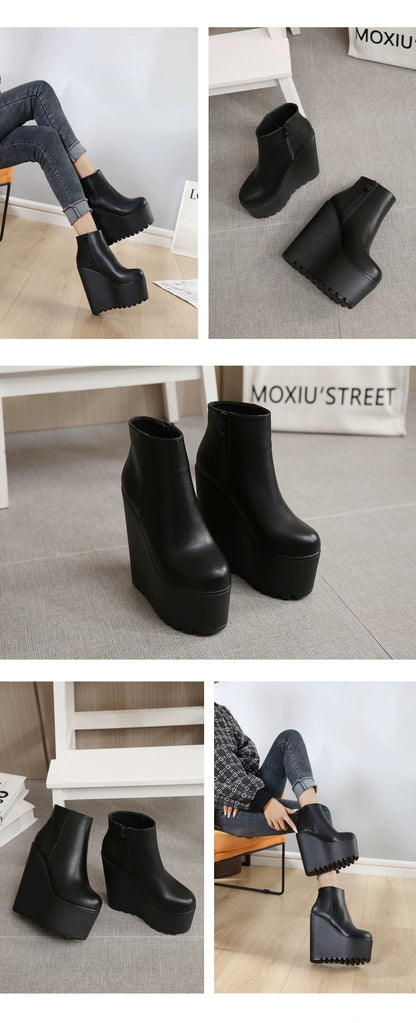 Botas de otoño e invierno nuevo muffin grueso con 16 cm de tacón súper alto gamuza discoteca botas cortas desnudas zapatos de mujer.Envío 0.00 $.