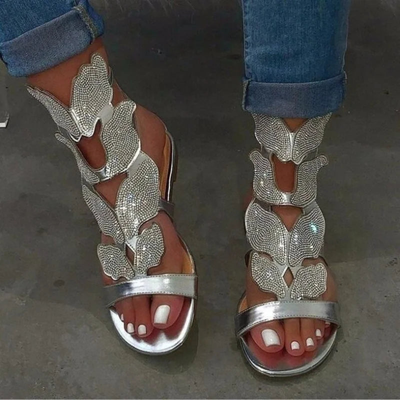 Sandalias de moda de verano 2024 para mujer, sandalias de gladiador con cristales y mariposas de talla grande, cómodas sandalias de punta abierta para mujer