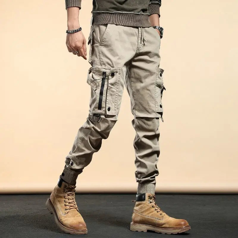 Pantalones cargo ajustados de primavera y otoño 2024 de mezcla de algodón con cordón y cremallera informales para hombre de moda coreana