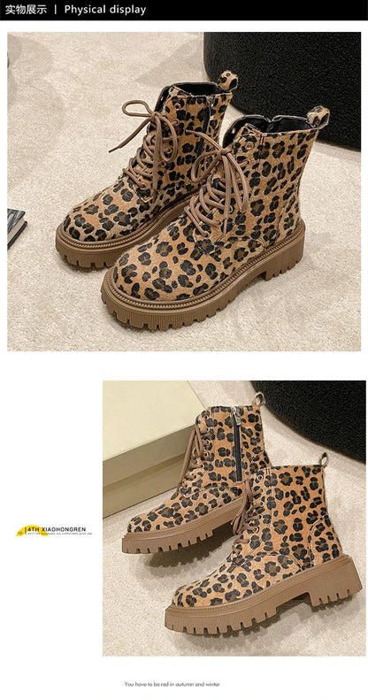 Botas de Invierno CHAXIAOA con Estampado de Leopardo | Puntera Redonda, Tacón Grueso y Cordones | Moda Versátil 2024 | Envío Gratis | **FLIPISHOP.COM**