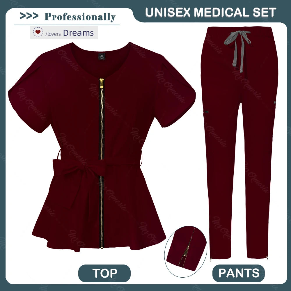 Conjunto de uniformes médicos para mujeres, ropa de belleza con cuello con cremallera, uniformes médicos antiarrugas de alta calidad, ropa de trabajo de enfermera de moda suave y cómoda, Envío 0.00 $.