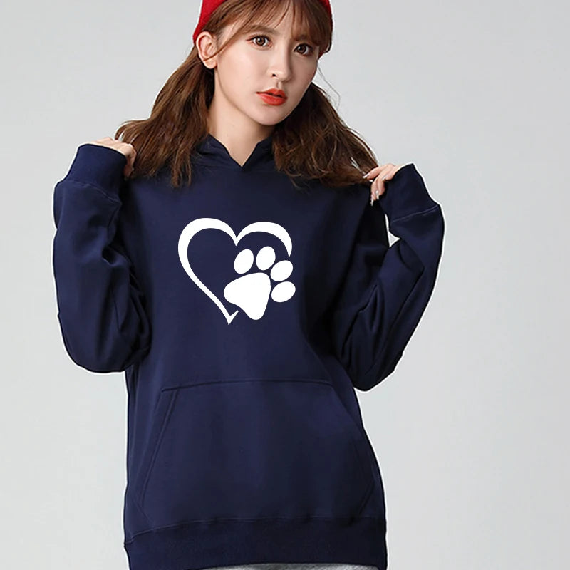 Sudaderas con capucha con estampado de huellas de perro y forma de corazón para mujer, sudaderas casuales de manga larga, jerséis de otoño e invierno de talla grande