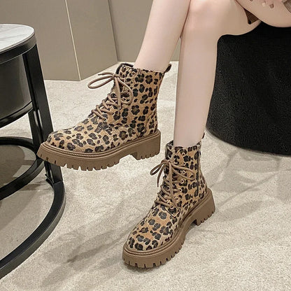 Botas de Invierno CHAXIAOA con Estampado de Leopardo | Puntera Redonda, Tacón Grueso y Cordones | Moda Versátil 2024 | Envío Gratis | **FLIPISHOP.COM**