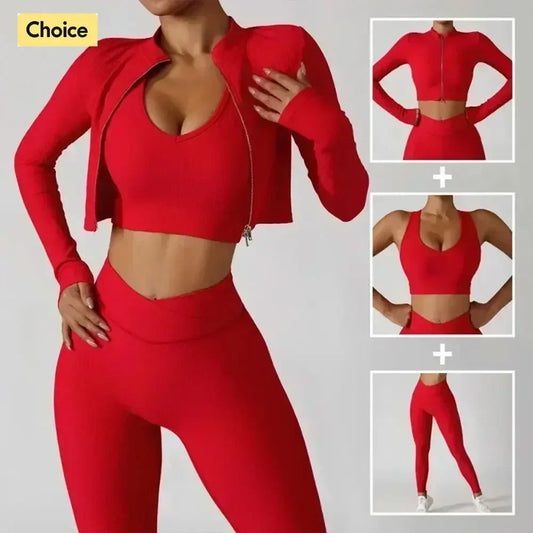 Chaqueta Sujetador deportivo Leggings Conjunto de 3 piezas Chándal de mujer, entrenamiento y ejercicio