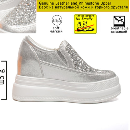 Zapatillas de deporte con plataforma de piel auténtica Fujin de 9 cm, zapatos de cuña con aumento de altura y tacón muy alto para mujer, zapatos sin cordones, zapatillas sin cordones, Envío 0.00 $.