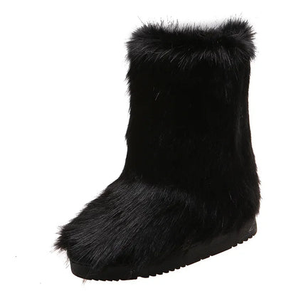 Botas de nieve de felpa de colores de moda-2024-para mujer, nuevas botas de invierno de pelo largo de zorro, cómodas, de algodón, antideslizantes, resistentes al desgaste, zapatos planos. Envío 0.00 $.