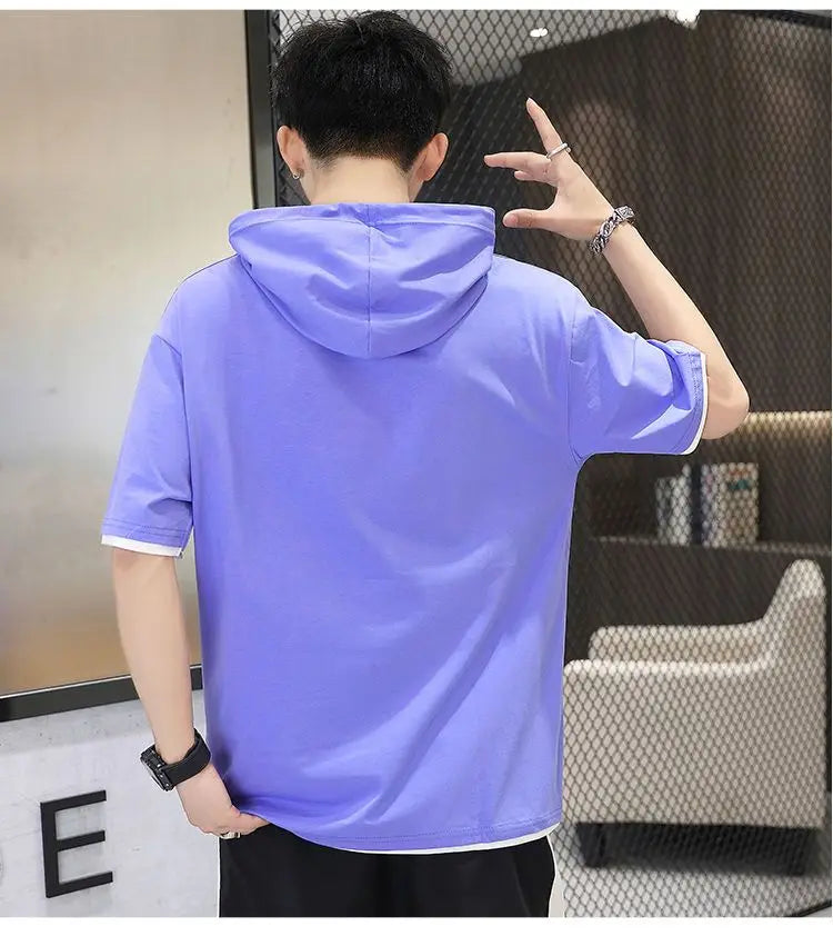 Camisetas con Capucha, Ropa de Hombre 2024, Verano Nuevo Loose Korean Tops Casual Tee Shirt