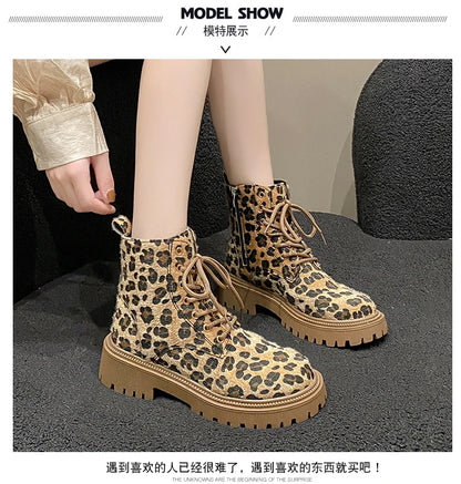 Botas de Invierno CHAXIAOA con Estampado de Leopardo | Puntera Redonda, Tacón Grueso y Cordones | Moda Versátil 2024 | Envío Gratis | **FLIPISHOP.COM**