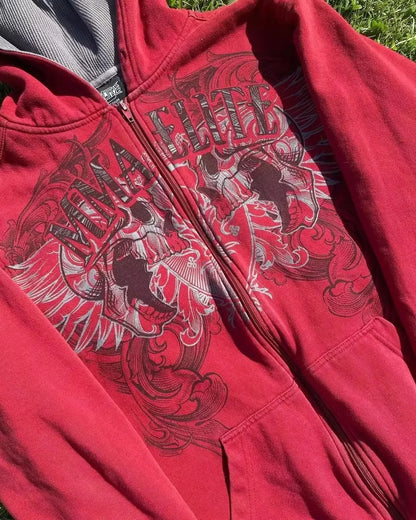 Sudadera Roja Vintage Y2K con Capucha | Cremallera Completa, Moda - 2025. | Estampado de Calavera y Serpiente | Envíos Gratis **FLIPISHOP.COM**