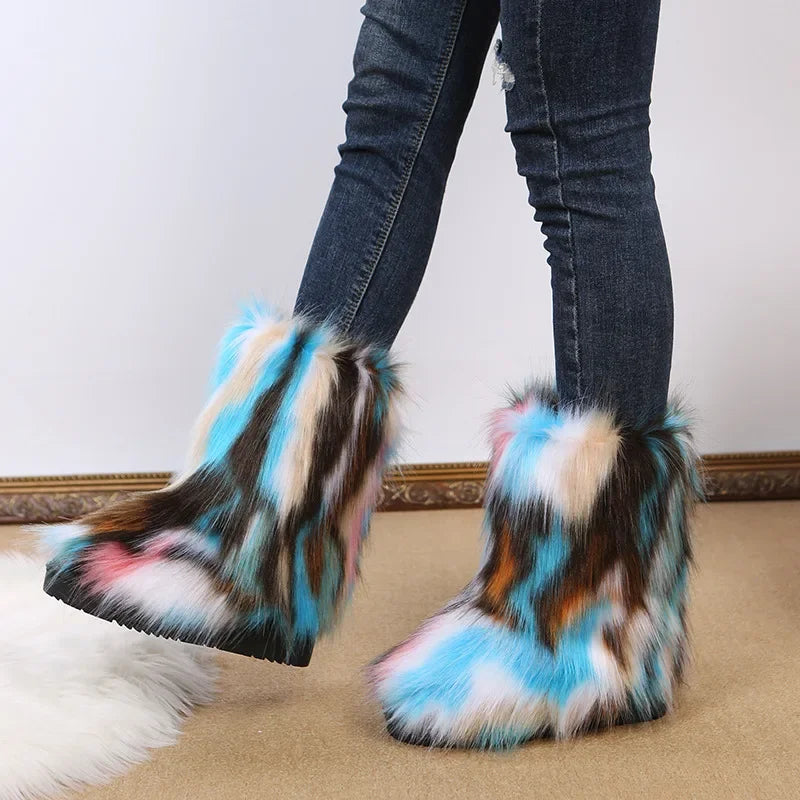 Botas de nieve de felpa de colores de moda-2024-para mujer, nuevas botas de invierno de pelo largo de zorro, cómodas, de algodón, antideslizantes, resistentes al desgaste, zapatos planos. Envío 0.00 $.