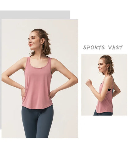 Camiseta de yoga con escote en U y espalda baja con dobladillo curvo, tirantes holgados, sin mangas, de secado rápido, para gimnasio, deporte, entrenamiento, pilates