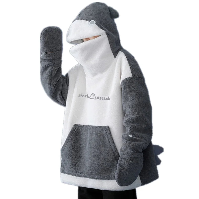 Sudaderas con capucha con forma de tiburón para parejas, blusas holgadas kawaii para mujer, sudaderas con capucha y cremallera de lana de cordero, suéteres con bolsillos grandes, Envío 0.00 $