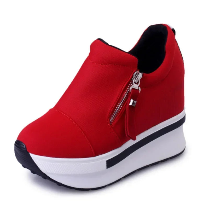 Zapatillas de plataforma Mujer rojo casual cómodo zapato de tacón oculto zapatos de lona negro tacones de cuña zapatilla tenis de mujer