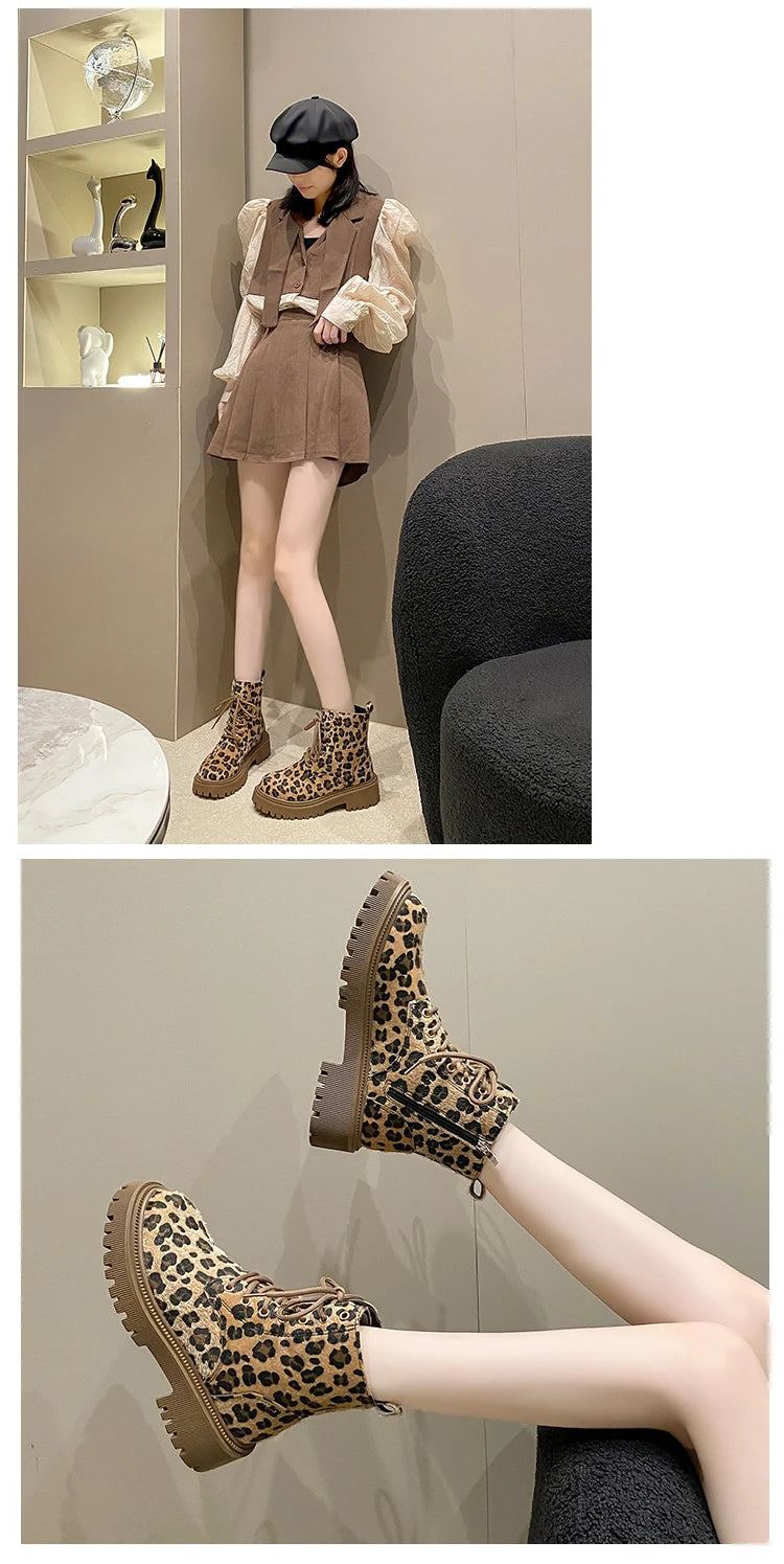 Botas de Invierno CHAXIAOA con Estampado de Leopardo | Puntera Redonda, Tacón Grueso y Cordones | Moda Versátil 2024 | Envío Gratis | **FLIPISHOP.COM**