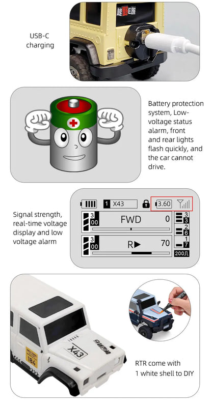 Coches de LDARC X43 1:43 Mini vehículo de escalada a control remoto 4WD Pintura simulada Escala completa Mini coche de escritorio RC Crawler eléctrico, Envío 0.00 $