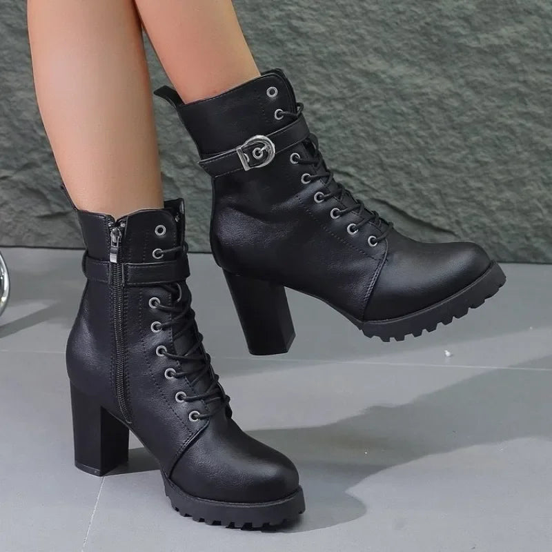 Botas de plataforma con tacones altos para mujer, botines de invierno con cremallera para mujer, zapatos cómodos de tacón grueso para ir a la oficina