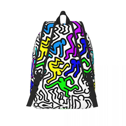 Mochilas de lona con 6 figuras de bailarinas de Haring para estudiantes universitarios y escolares, aptas para portátiles de 15 pulgadas, bolsos geométricos con grafitis de rap