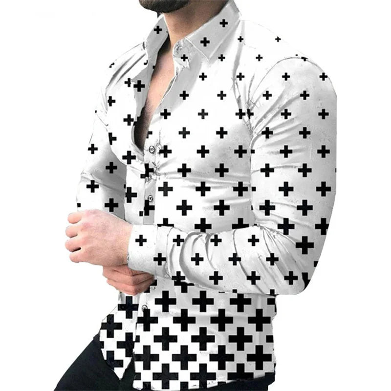 Camisa de hombre nueva de alta gama, camisa de manga larga con estampado 3D de línea dorada, camisa con botones de solapa , Envío 0.00 $.