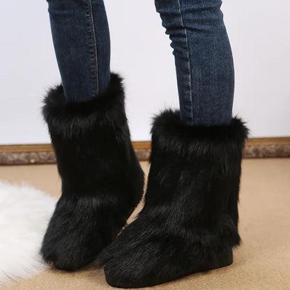 Botas de nieve de felpa de colores de moda-2024-para mujer, nuevas botas de invierno de pelo largo de zorro, cómodas, de algodón, antideslizantes, resistentes al desgaste, zapatos planos. Envío 0.00 $.