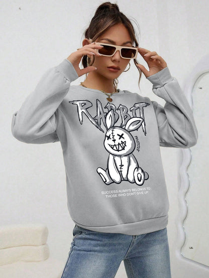 Sudadera con capucha con estampado de conejo de risa mala para mujer, sudadera básica de cuello redondo Harajuku, sudadera de moda de hip hop, ropa informal de otoño con forro polar