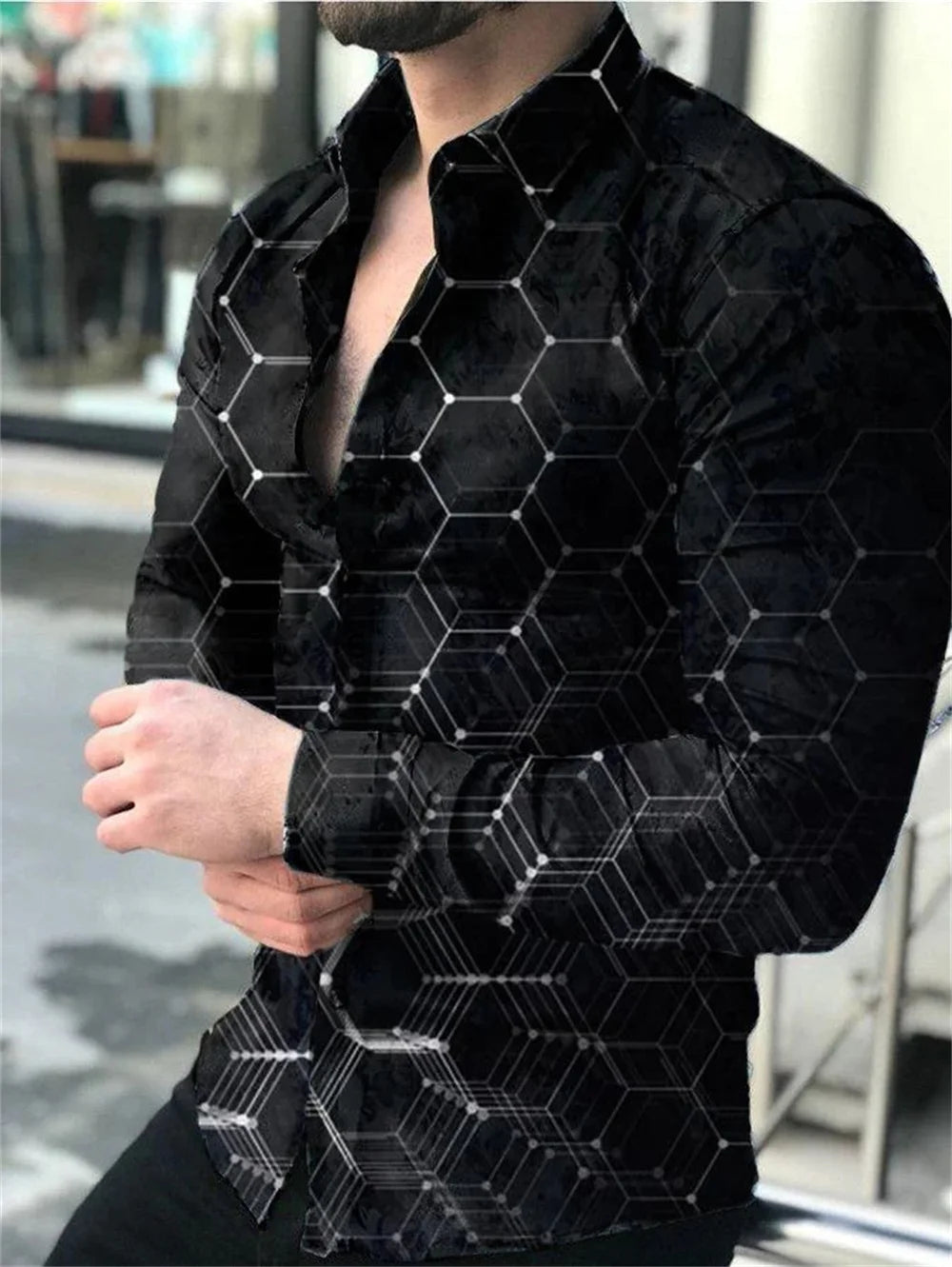 Camisa de hombre nueva de alta gama, camisa de manga larga con estampado 3D de línea dorada, camisa con botones de solapa , Envío 0.00 $.