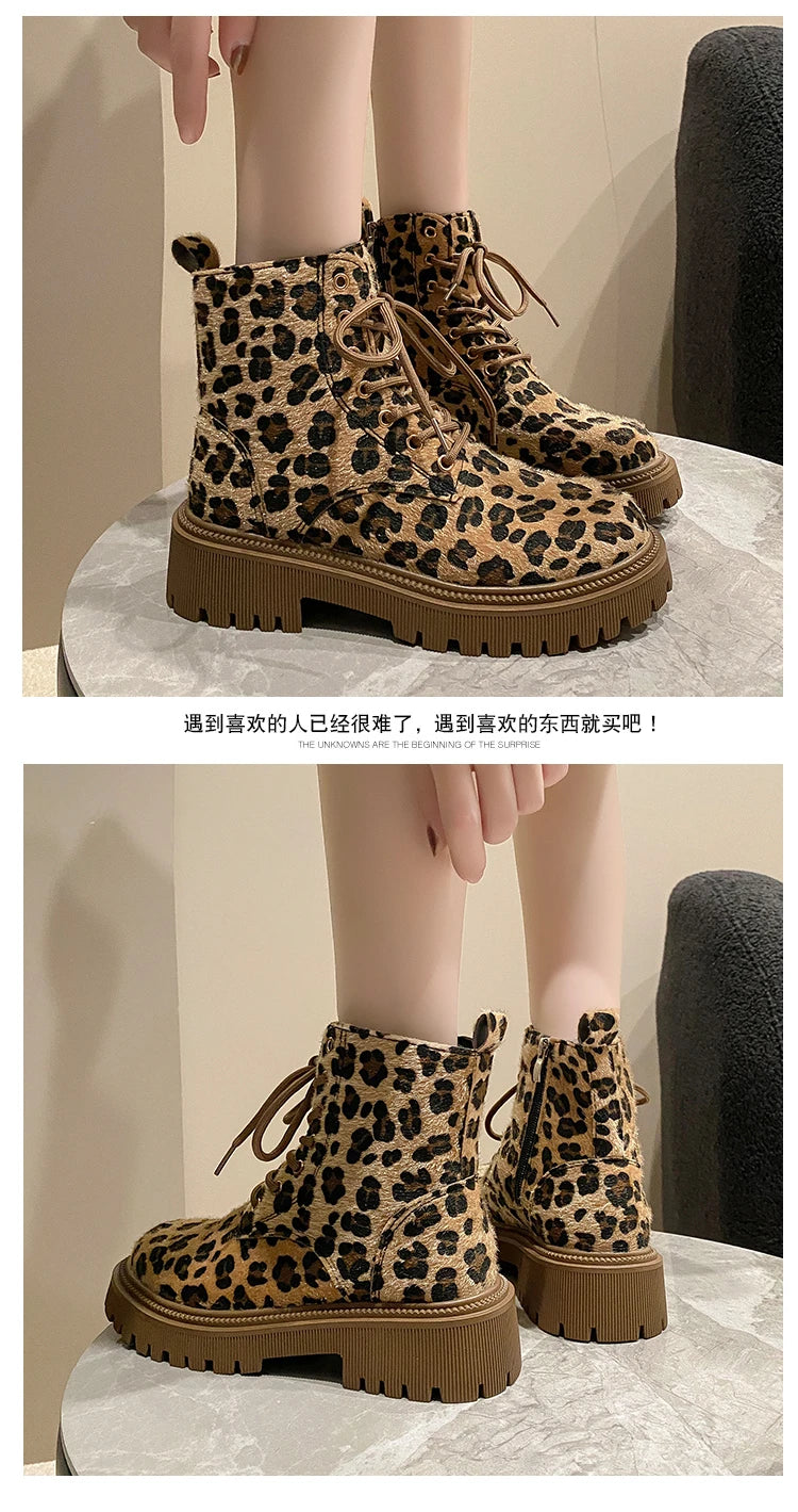 Botas de Invierno CHAXIAOA con Estampado de Leopardo | Puntera Redonda, Tacón Grueso y Cordones | Moda Versátil 2024 | Envío Gratis | **FLIPISHOP.COM**