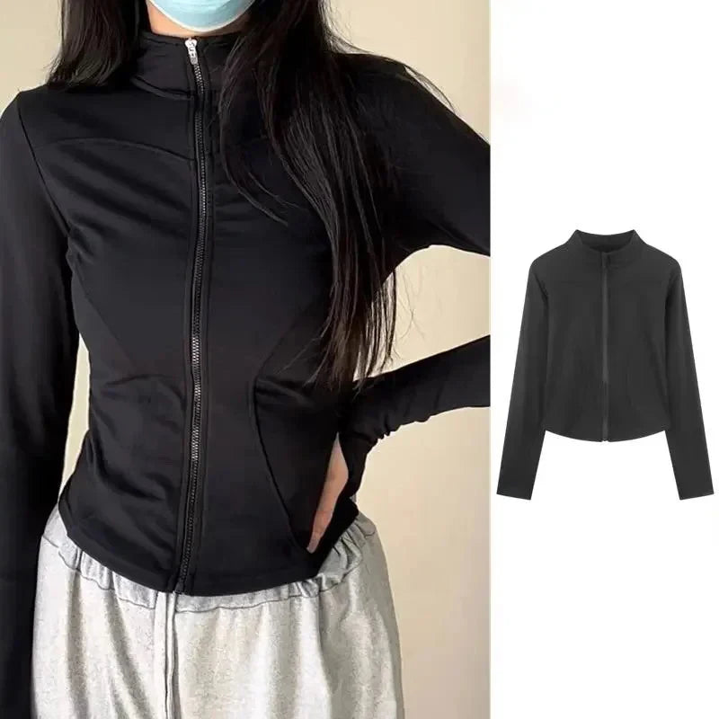 Chaquetas ligeras de corte ajustado para mujer Chaqueta deportiva de yoga con cremallera completa para mujer y orificios para los pulgares para entrenar