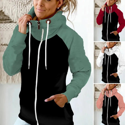 Sudadera con capucha térmica de retazos para mujer, sudadera de invierno con cremallera de forro polar para mujer, cálida protección para el cuello, sudadera con capucha informal suave de otoño, ropa para mujer, Envío 0.00 $.