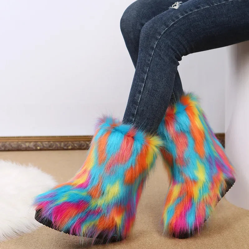 Botas de nieve de felpa de colores de moda-2024-para mujer, nuevas botas de invierno de pelo largo de zorro, cómodas, de algodón, antideslizantes, resistentes al desgaste, zapatos planos. Envío 0.00 $.