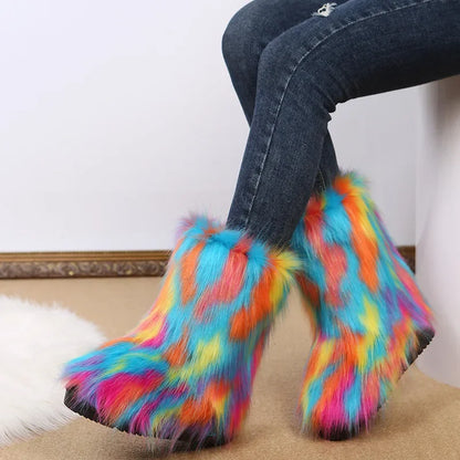 Botas de nieve de felpa de colores de moda-2024-para mujer, nuevas botas de invierno de pelo largo de zorro, cómodas, de algodón, antideslizantes, resistentes al desgaste, zapatos planos. Envío 0.00 $.