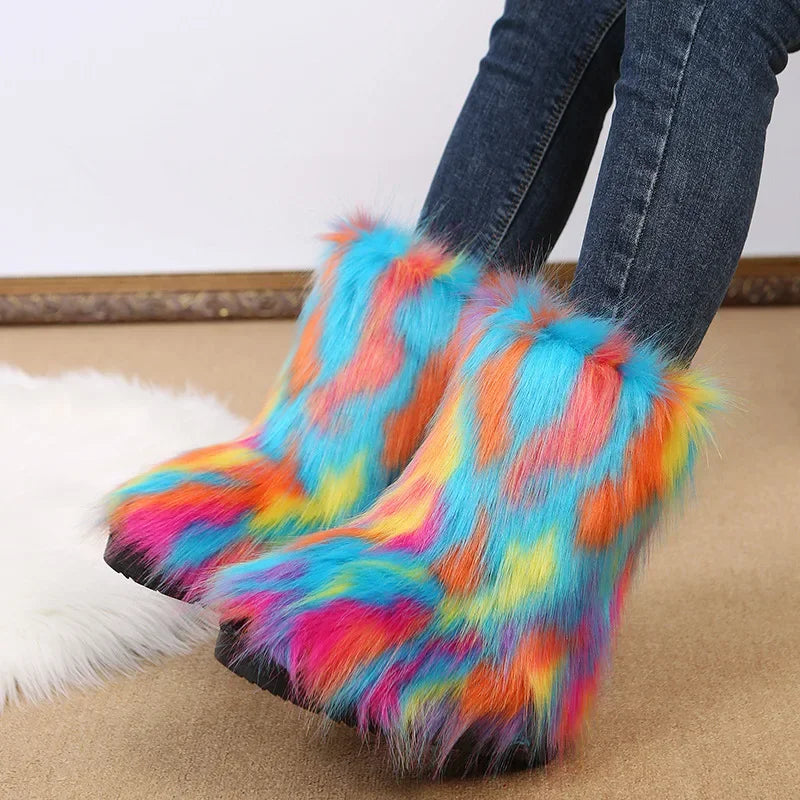 Botas de nieve de felpa de colores de moda-2024-para mujer, nuevas botas de invierno de pelo largo de zorro, cómodas, de algodón, antideslizantes, resistentes al desgaste, zapatos planos. Envío 0.00 $.